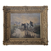 Tableau Huile sur Toile Paysage chevaux ruisseau - Signé M.T. Flabault 1929