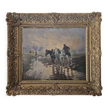Tableau Huile sur Toile Paysage chevaux ruisseau - Signé M.T. Flabault 1929