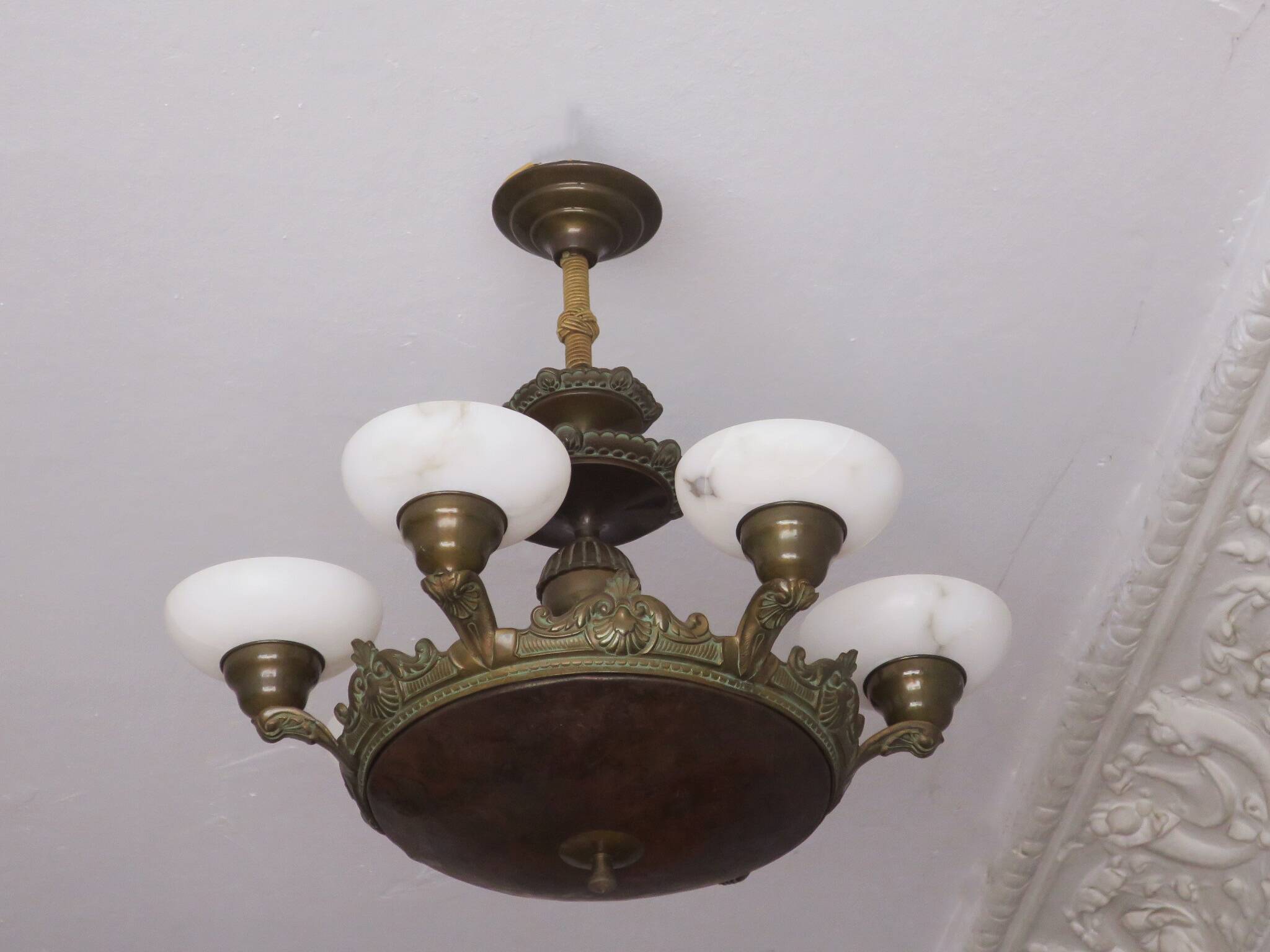 Antique bronze and alabaster 6-light chandelier, 1910