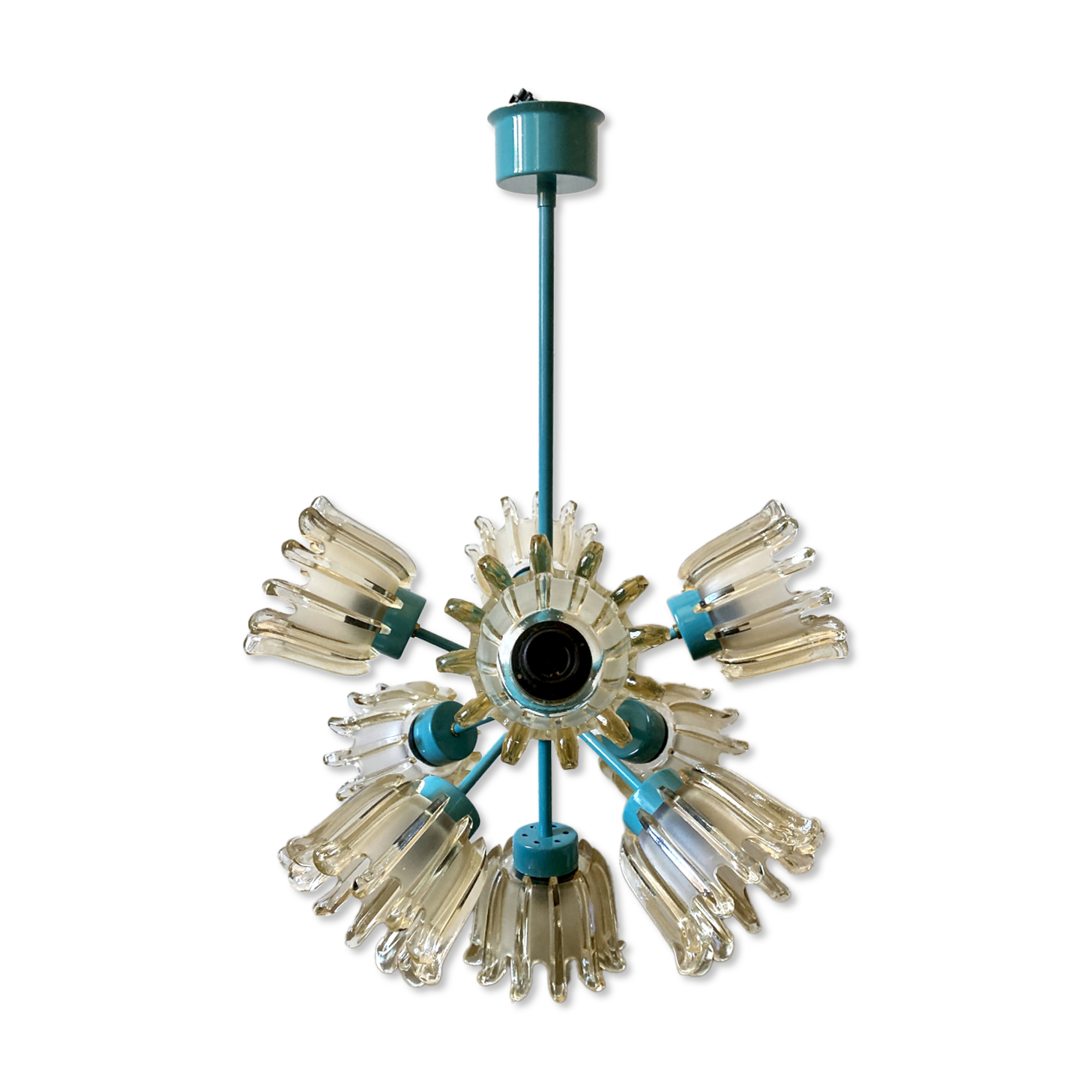 Turquoise glass and metal chandelier with 9 lights, Leclaire & Schäfer, 1960