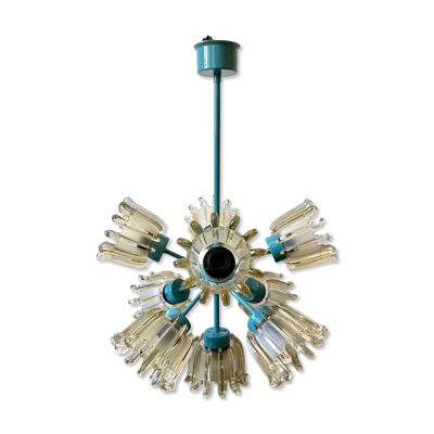 Lustre 9 feux en verre moulé et métal turquoise, Leclaire & Schäfer, 1960