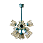 Lustre 9 feux en verre moulé et métal turquoise, Leclaire & Schäfer, 1960