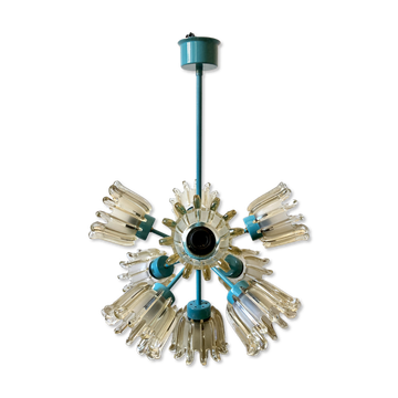 Lustre 9 feux en verre moulé et métal turquoise, Leclaire & Schäfer, 1960