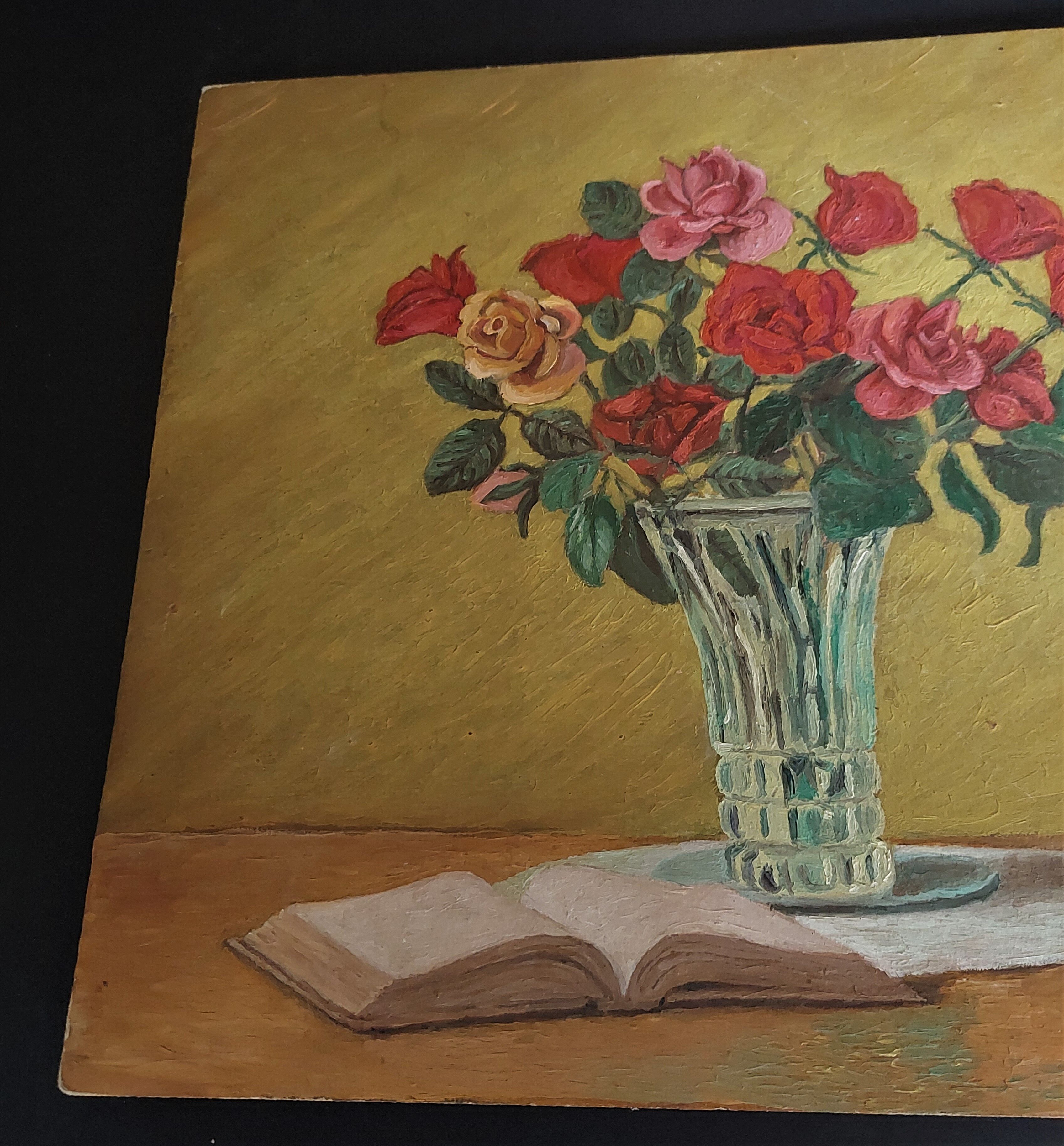 Oil on cardboard table bouquet of flowers