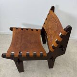 Vintage teak and leather armchair design Angel Pazmino brand Ecuador vintage 1960