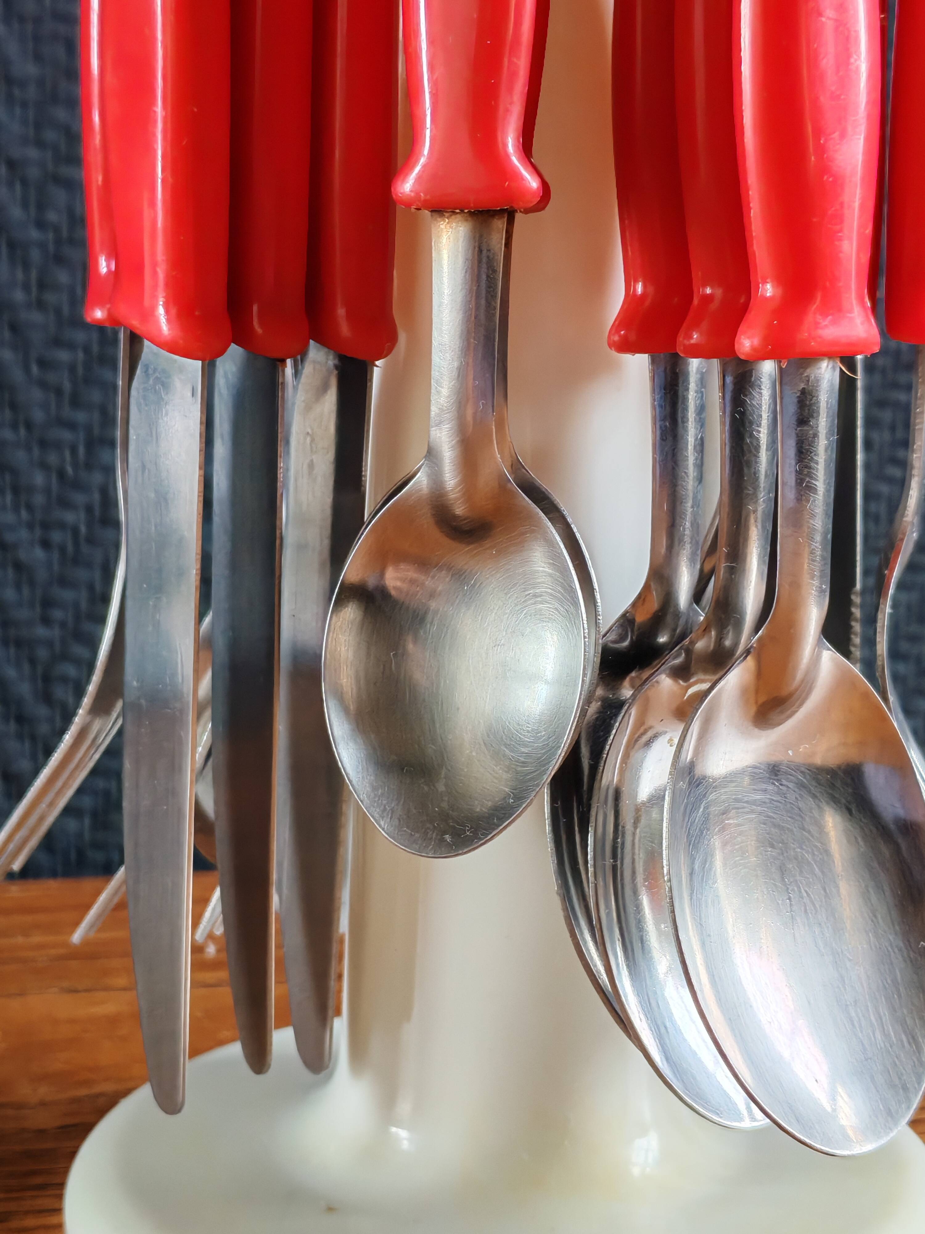 Vintage Pop Art Cutlery Set 1970s - 24 Pieces with Red Handles
