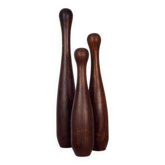 Trio de quilles décoratives en bois massif, design scandinave, 1970