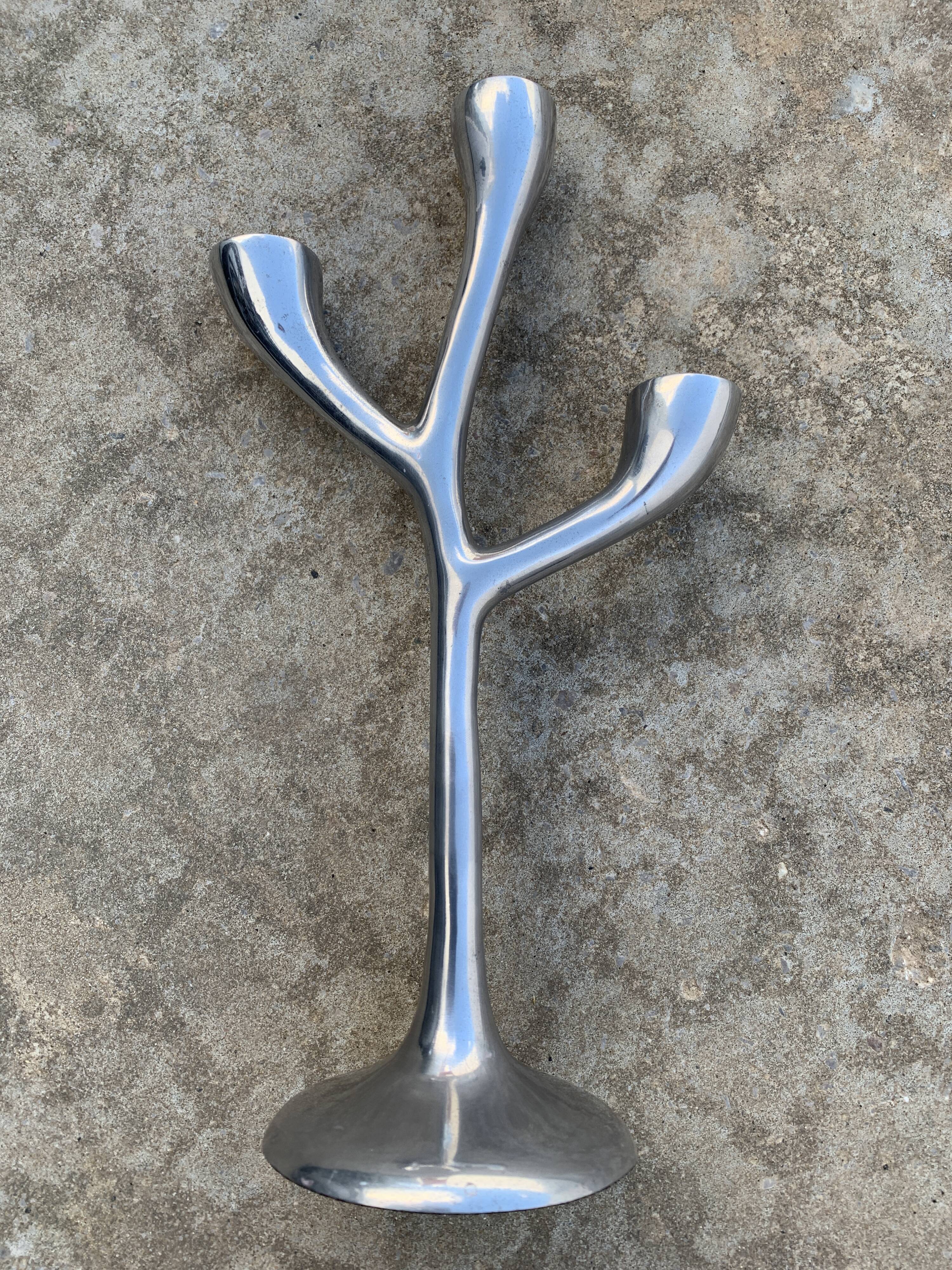 Organic candle holder in brushed aluminum, 3 branches, 1970