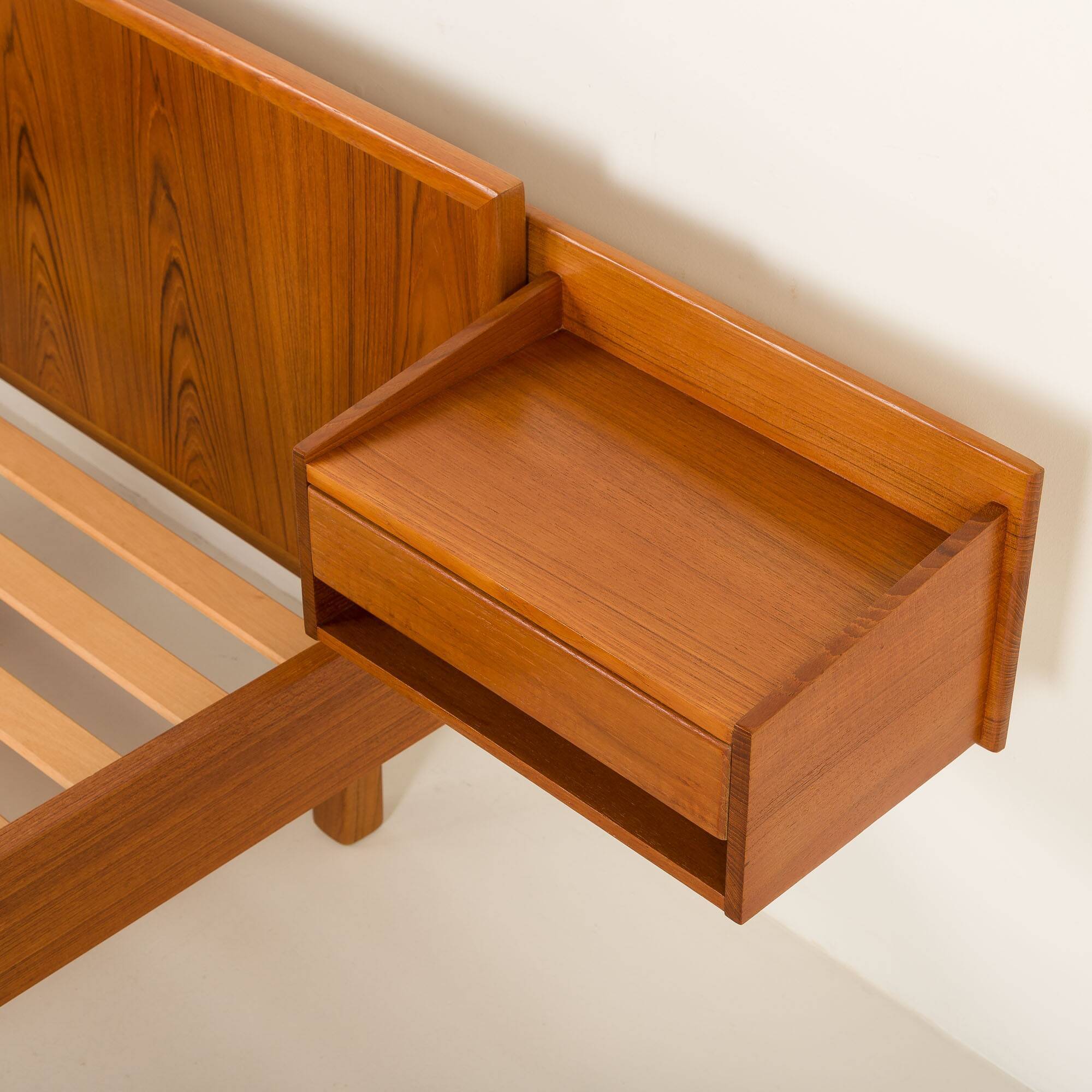 Danish mid century teak queen size bed with nightstands, 1960s