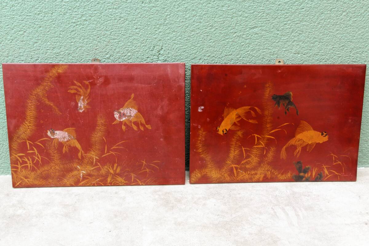 Pair of lacquered wooden panels, fish, Vietnam, Tran Van Ha (1911-1974)