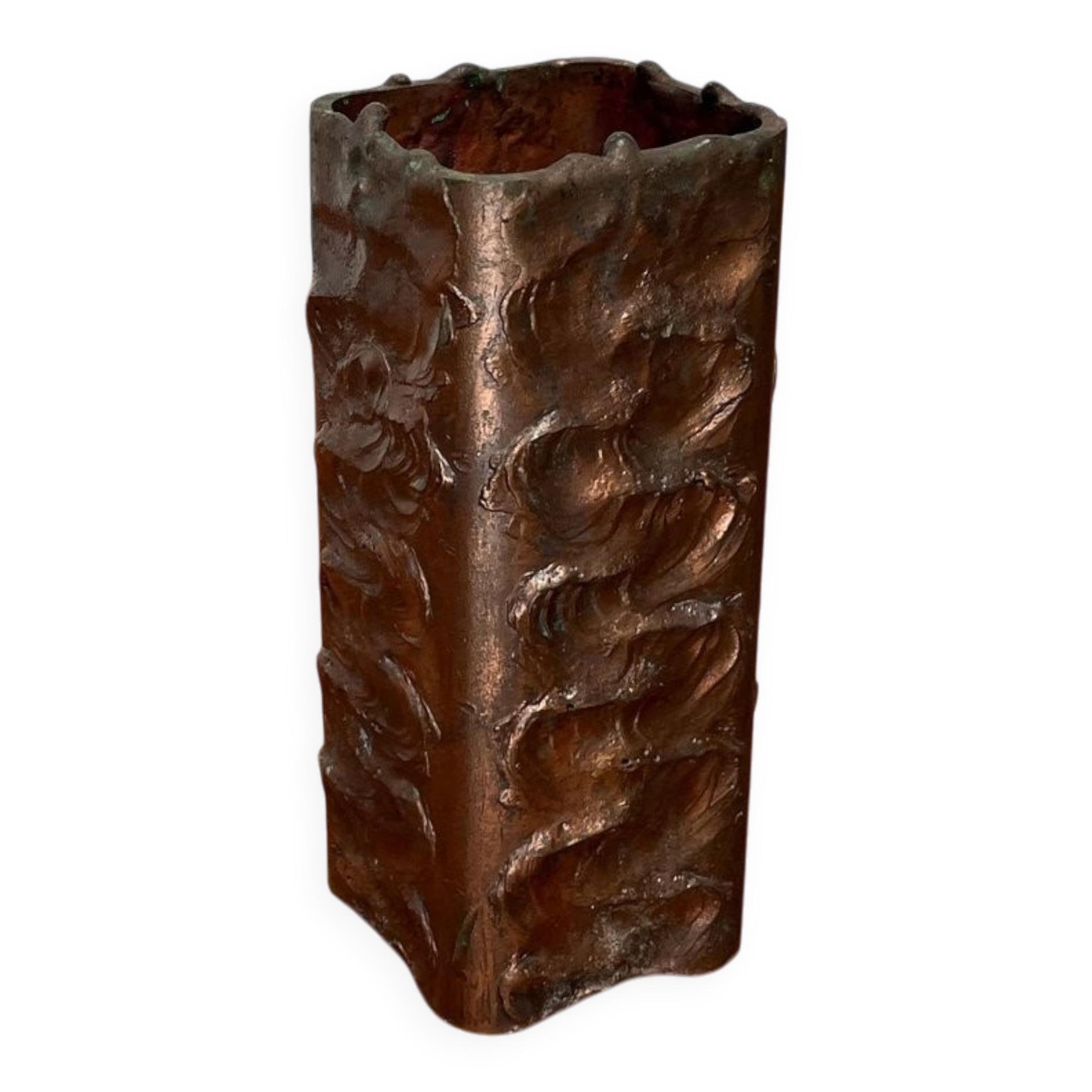 Brutalist metal block vase from the mid-century, 1960s.