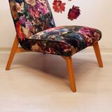 Restored armchair in varnished wood and fabric