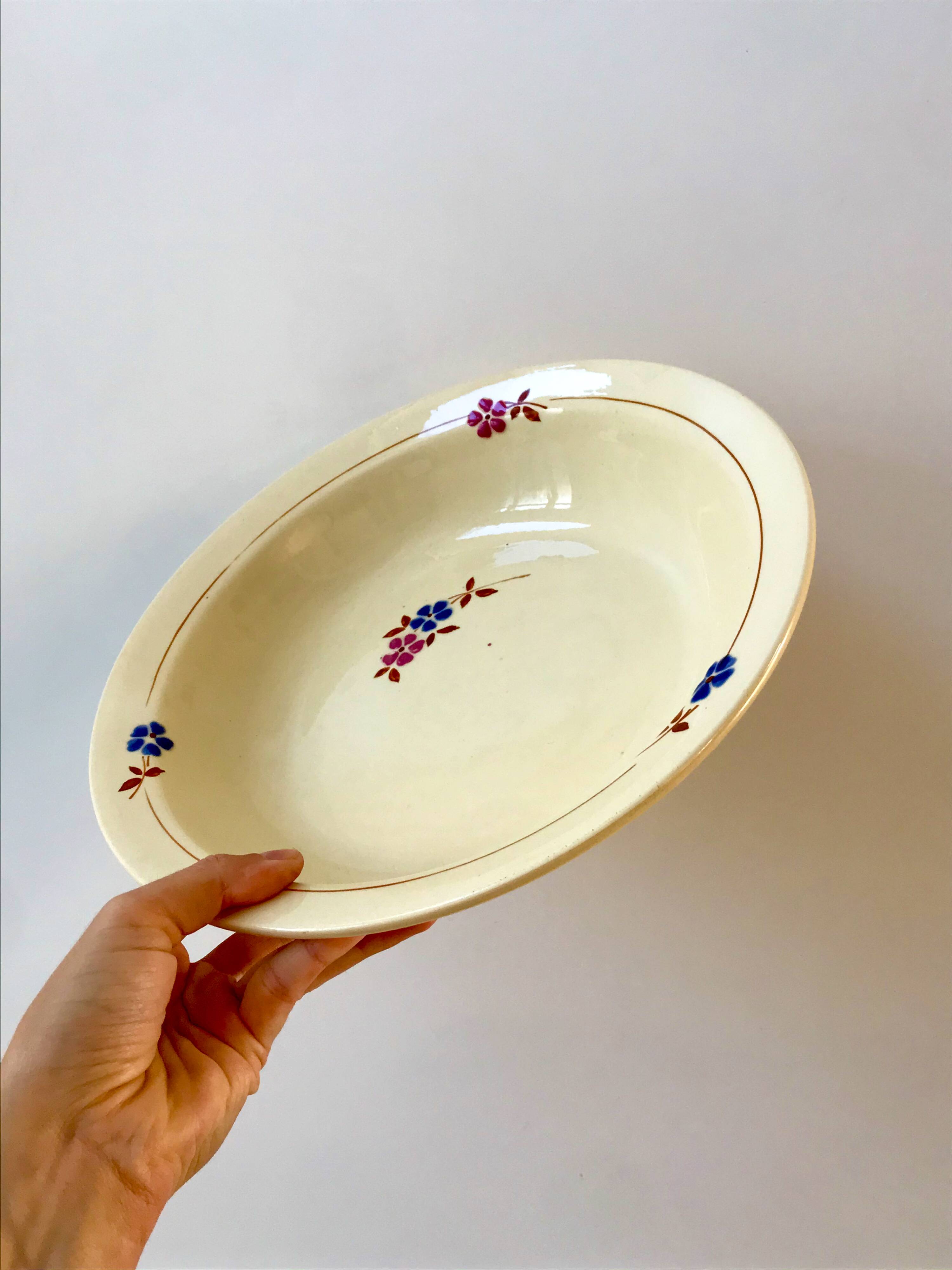 Salad bowl / hollow dish Saint Amand / Céranord hand-painted pink and blue flowers, 1940s