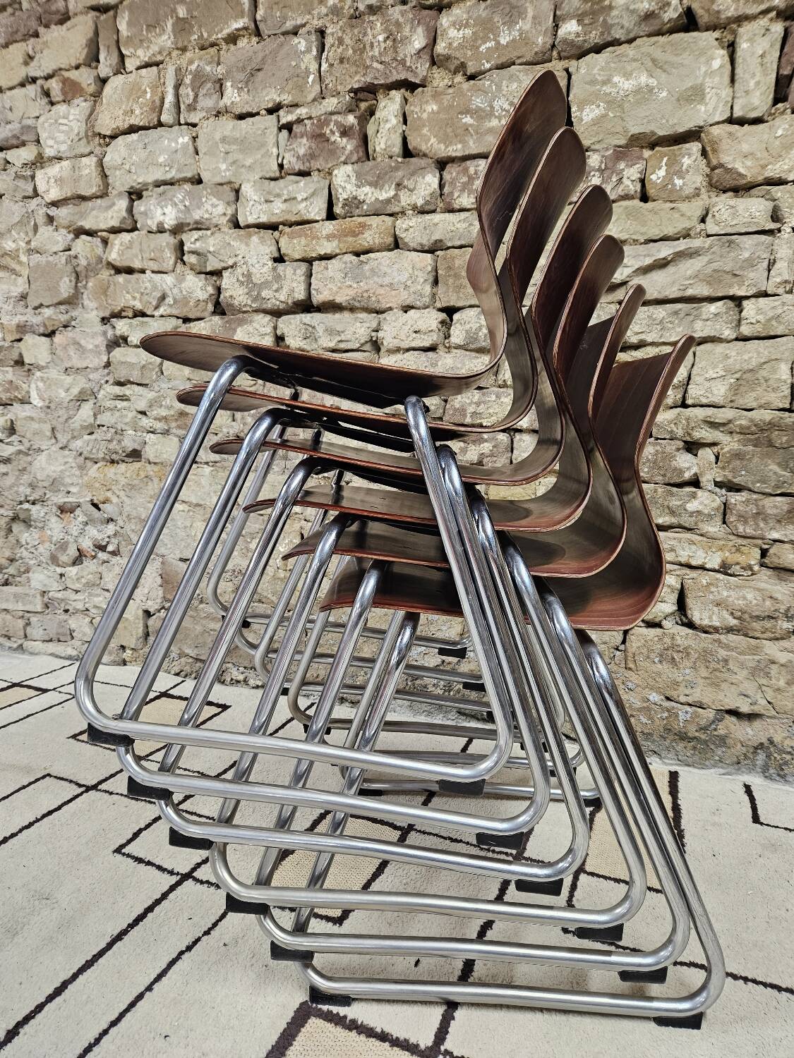 Set of 6 Flötotto pagwood stackable chairs 1960