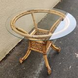 belle table de repas en bambou rotin des années 1970 avec plateau en verre