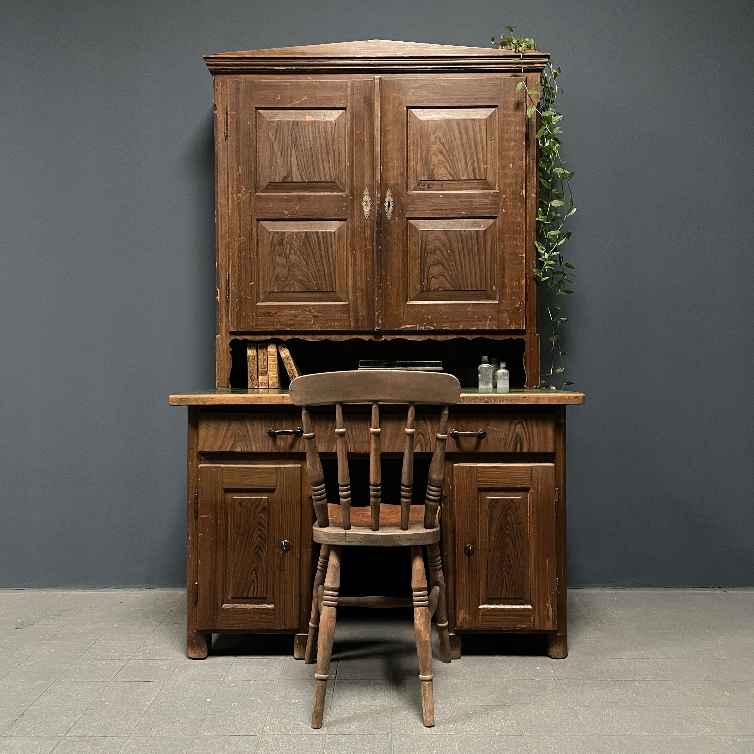 Antique painted pine desk or secretaire with wall unit from Germany late 1800s.