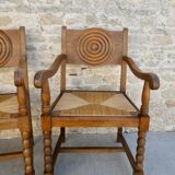 Pair of neo-Basque armchairs, wooden and mulched seat