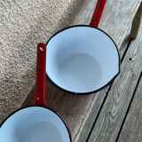 Enamelled metal pans decoration polka dots red white