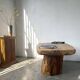Organic brutalist coffee table in solid cedar, trunk pedestal, 1970s.