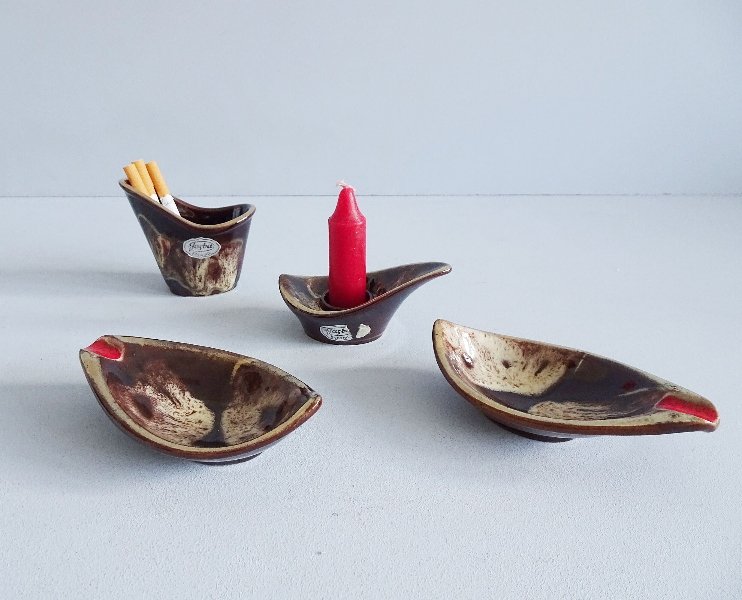 Jasba smoking set in brown red, four-piece Jasba ceramic set, table set, ashtray, candle holder hous