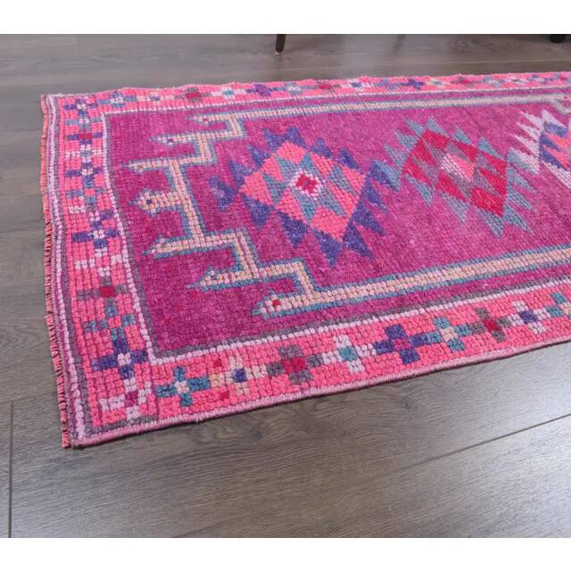 1970s Turkish Handmade Pink Diamond Wool Runner Rug 78x384