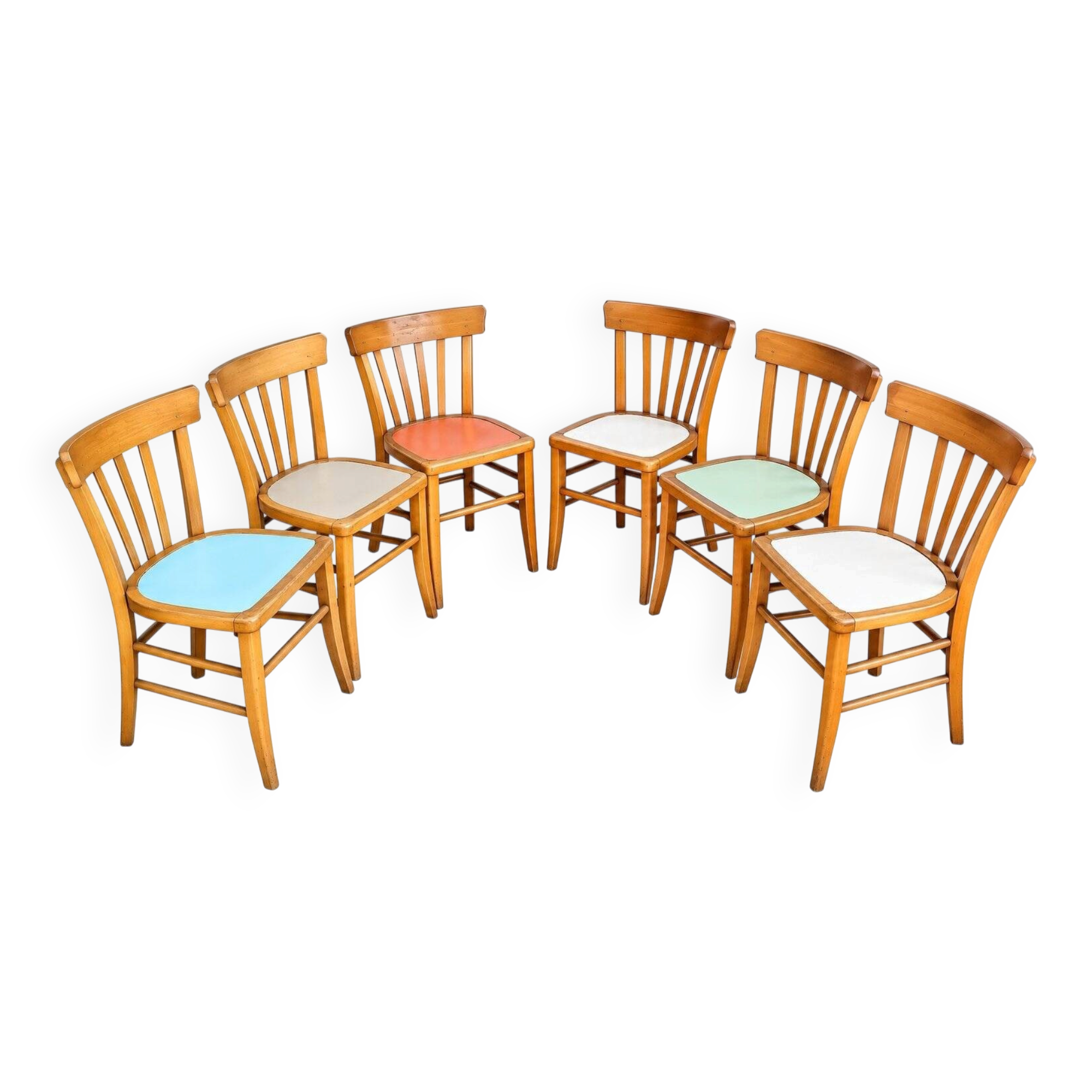 6 vintage bistro chairs from the 1950s, beech wood, repainted mismatched seats.