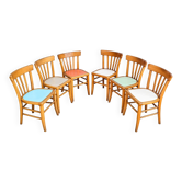 6 vintage bistro chairs from the 1950s, beech wood, repainted mismatched seats.