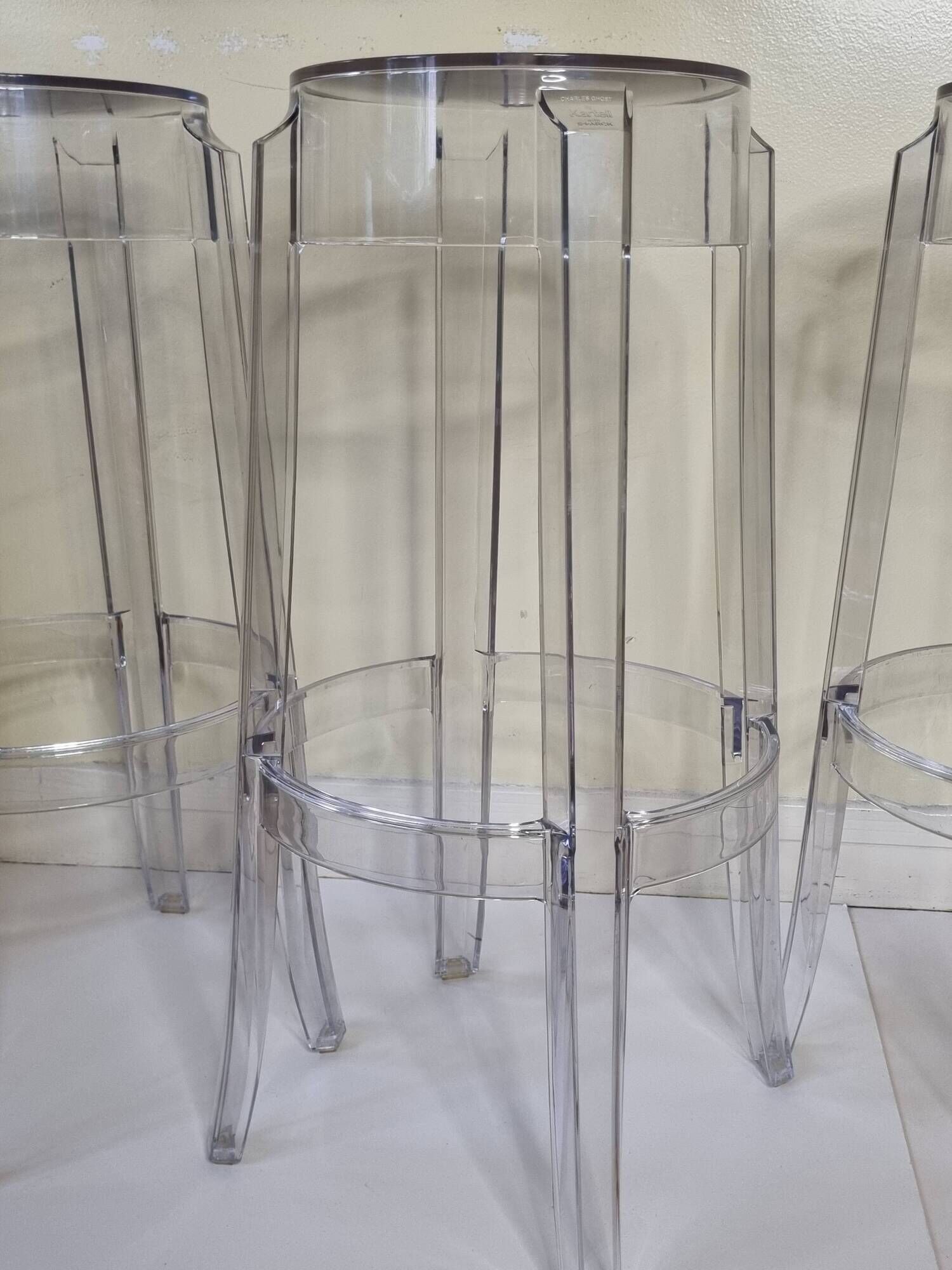 Set of 3 transparent Charles Ghost stools by Philippe Starck for Kartell, 65 cm