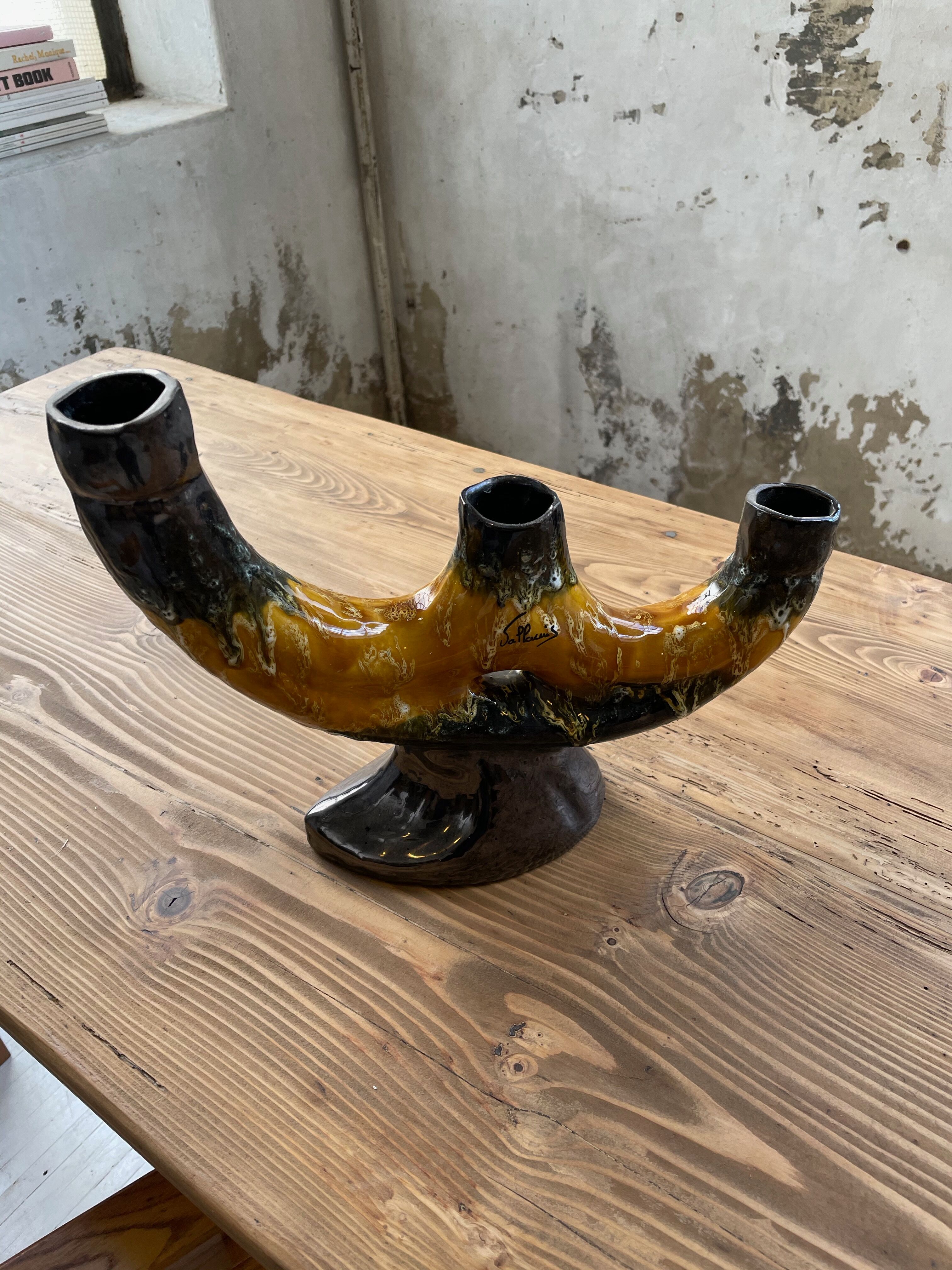 Vallauris black yellow ceramic candlestick