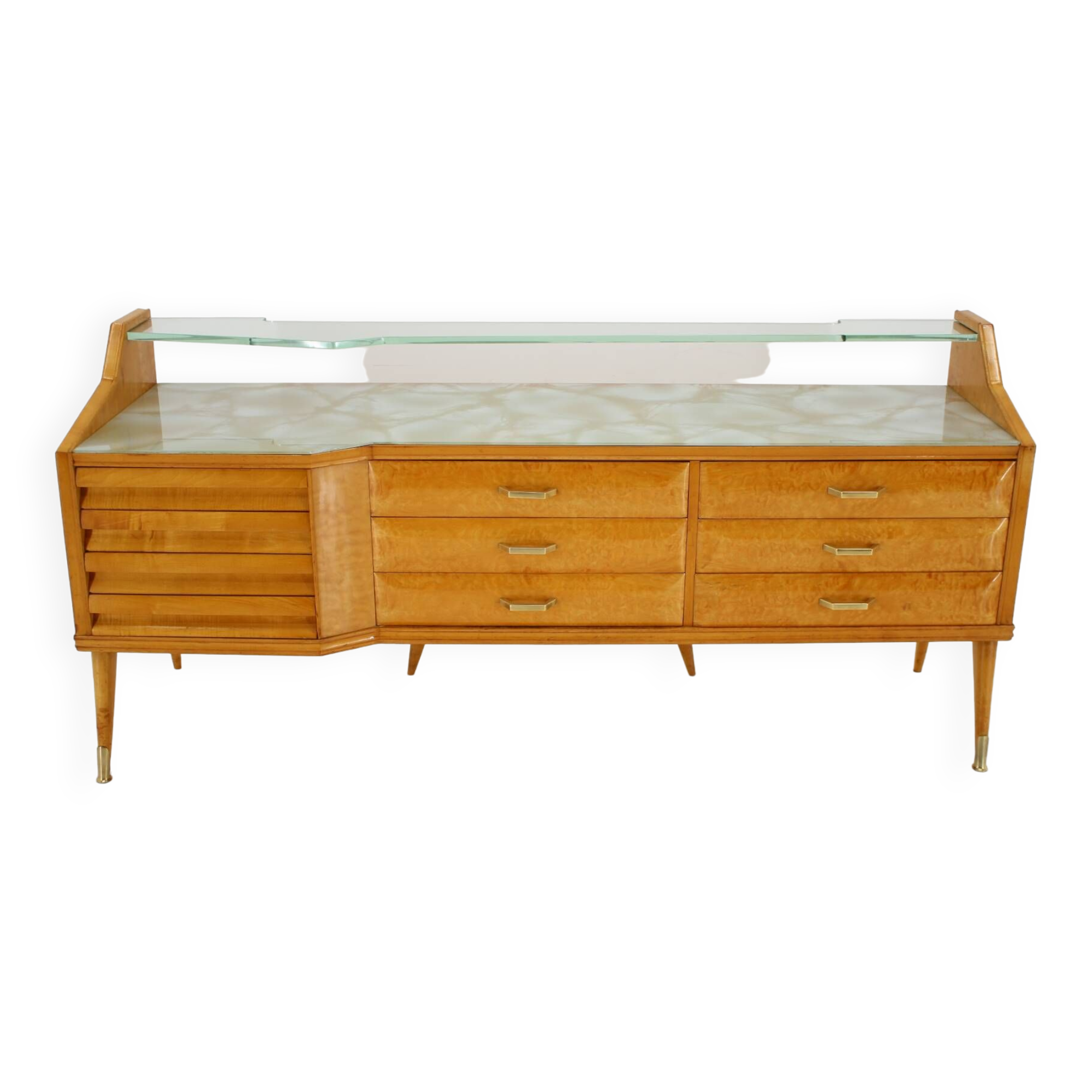 1960s italian sideboard/chest of drawers in high gloss finish with glass top and shelf