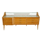 1960s italian sideboard/chest of drawers in high gloss finish with glass top and shelf