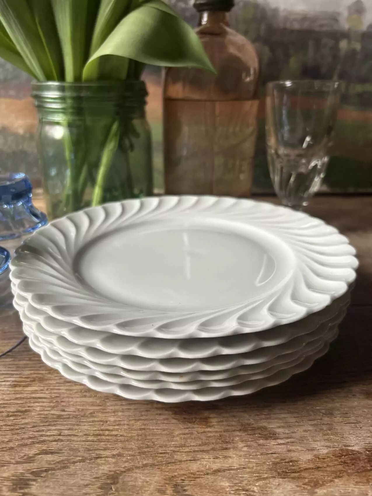 Set of 6 antique twisted white porcelain plates, a beautiful timeless classic.