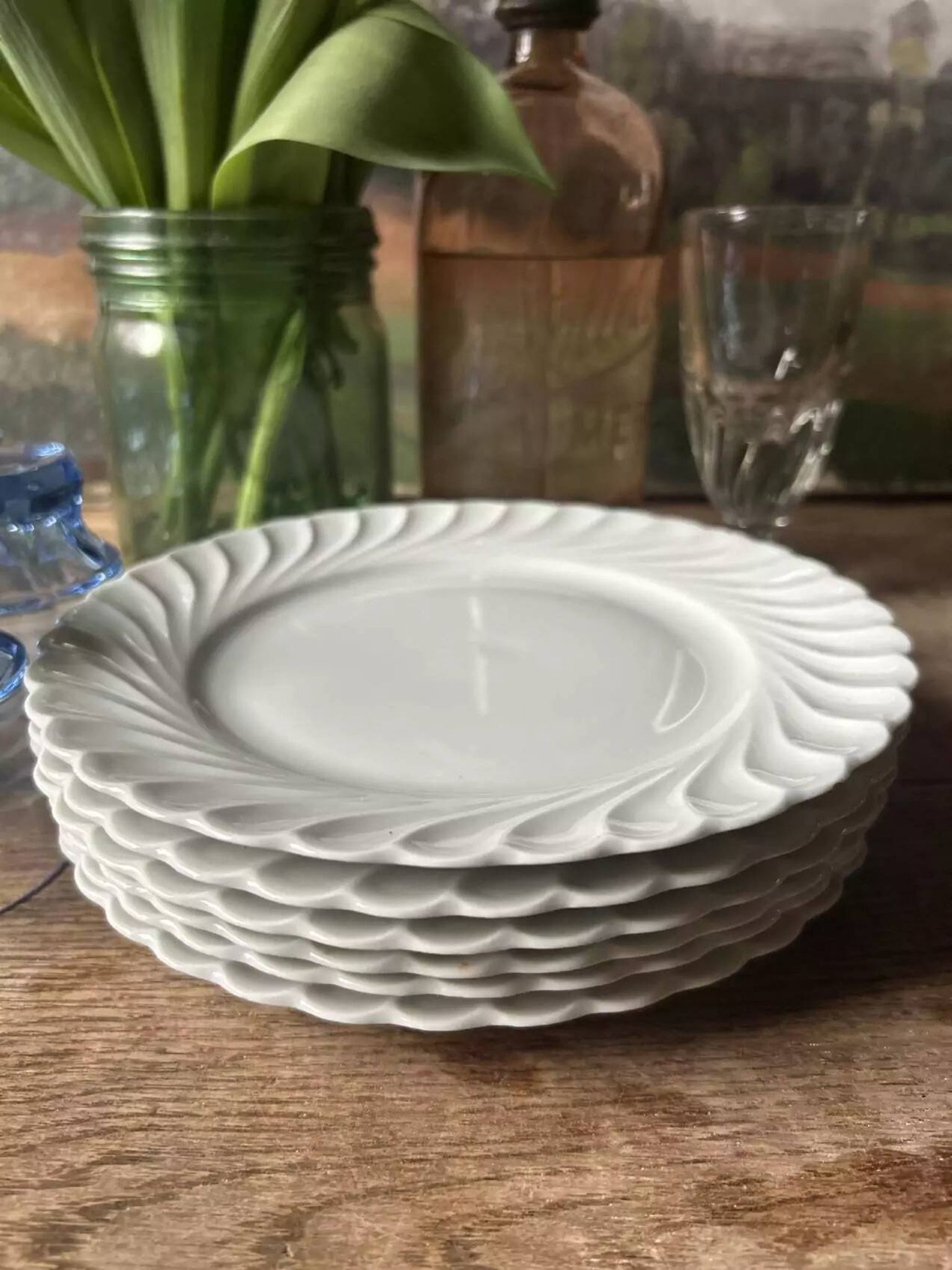 Set of 6 antique twisted white porcelain plates, a beautiful timeless classic.