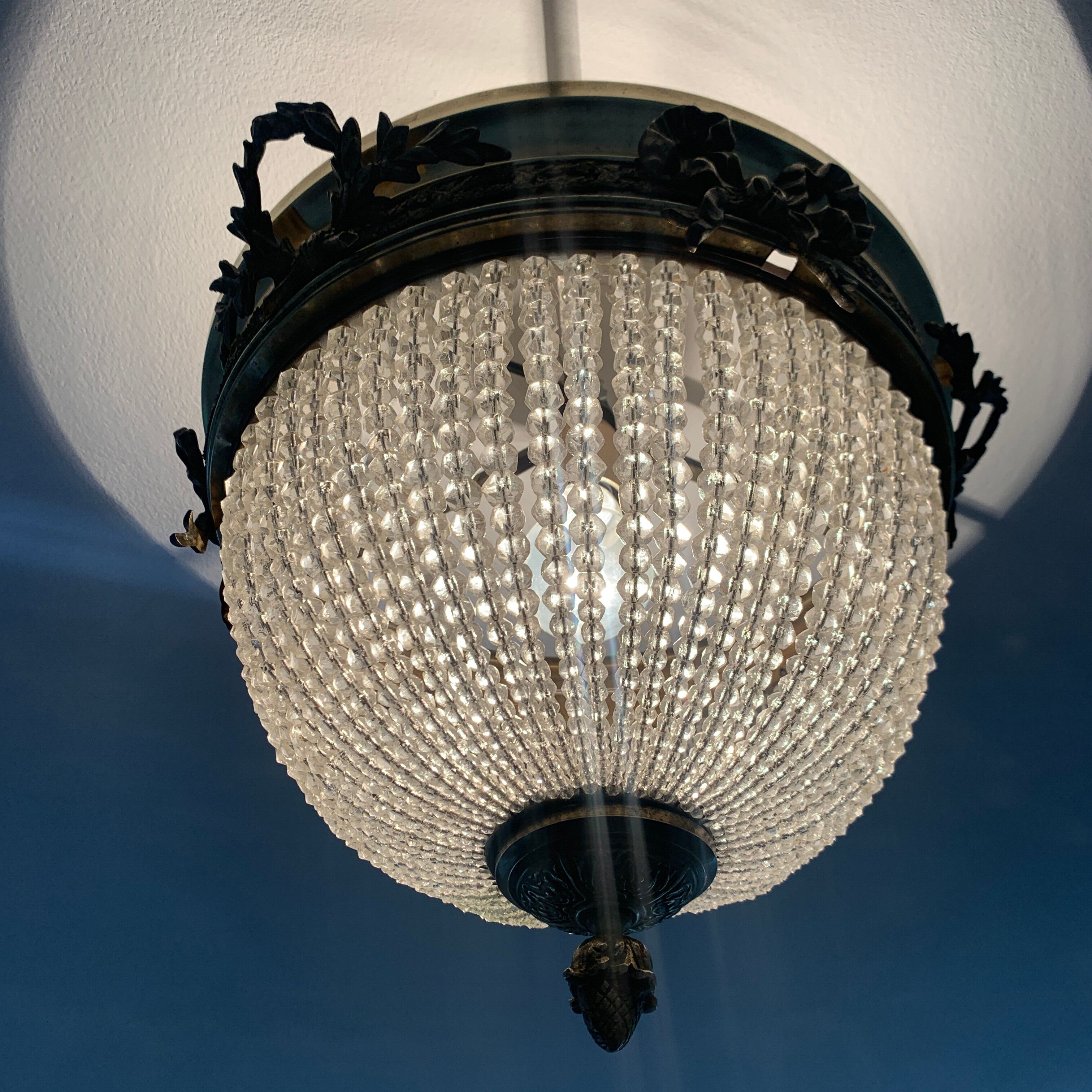 Ceiling light basket old 19th brass and faceted glass beads