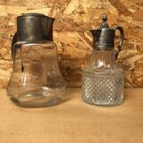 Pair of cast glass & vintage metal refresher pitcher