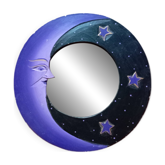 Wooden moon mirror / purple & black