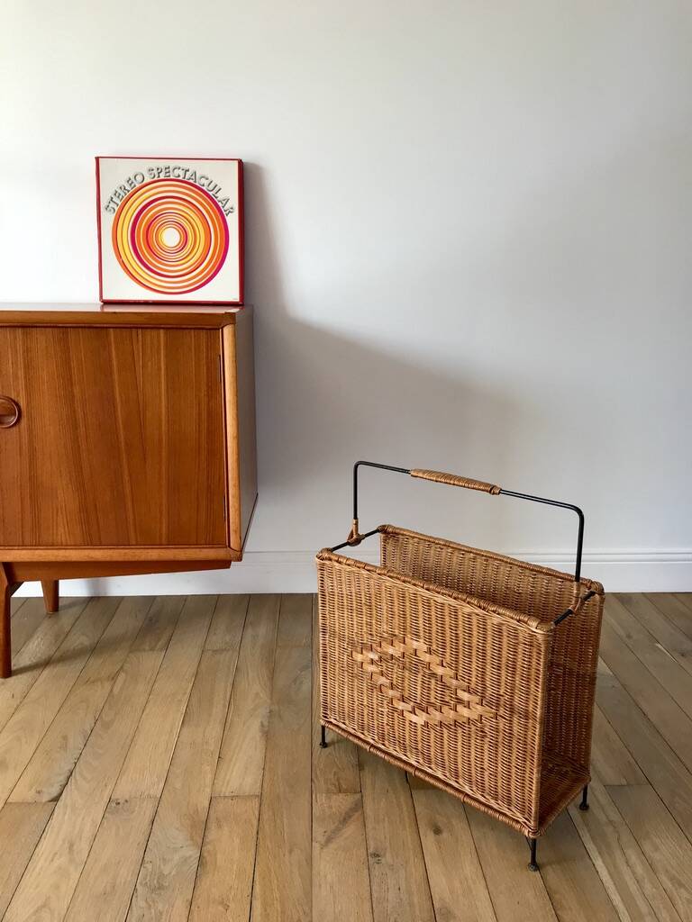 large wicker / rattan and black iron magazine rack from the 70s