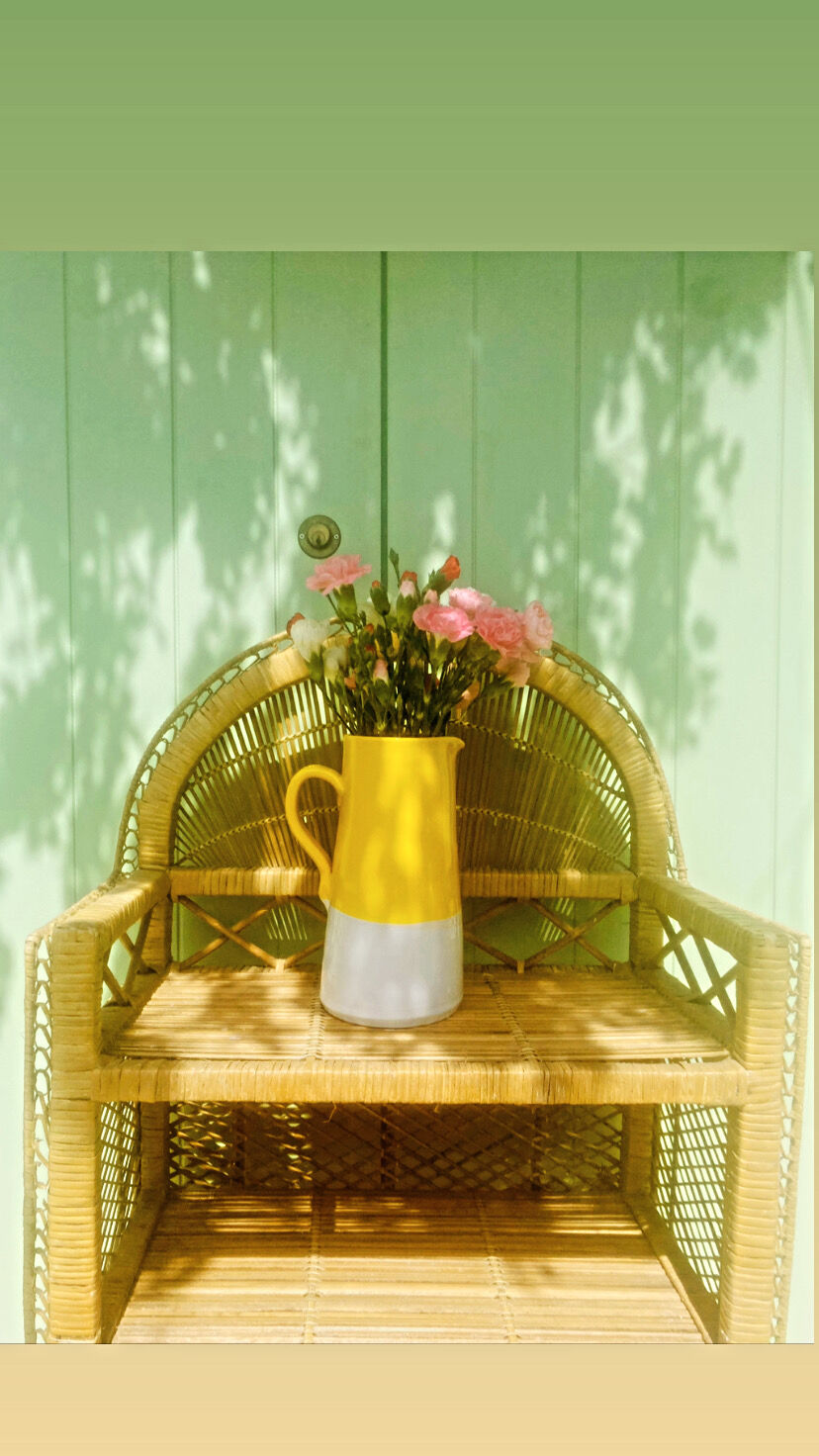 White two-coloured pitcher, mustard yellow