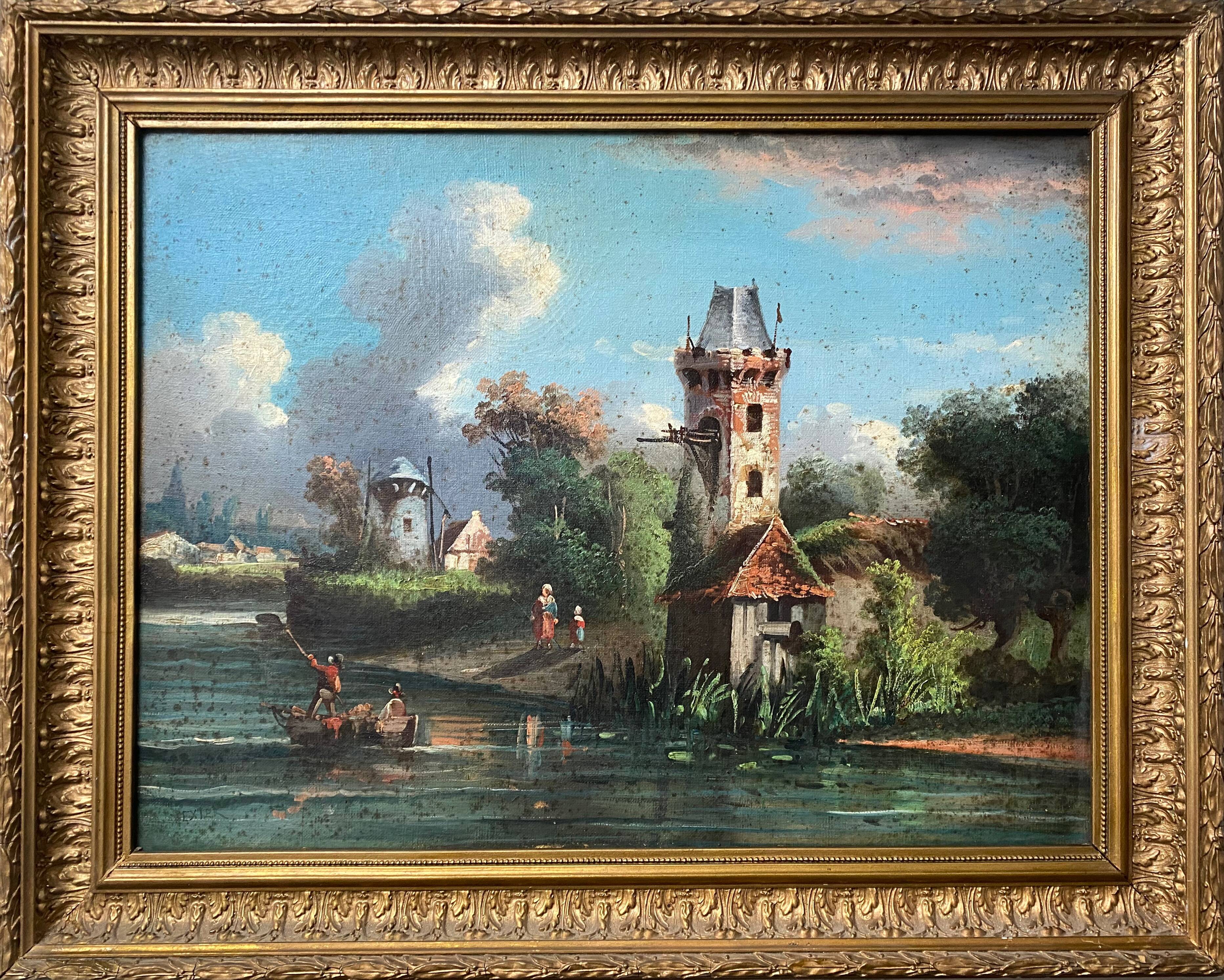 HST painting "Landscape with towns and fishermen" signed Texier + frame XIX°