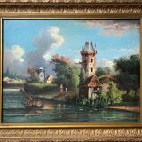 Tableau HST "Paysage aux vilage et pêcheurs" signé Texier + cadre XIX°