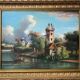 HST painting "Landscape with towns and fishermen" signed Texier + frame XIX°