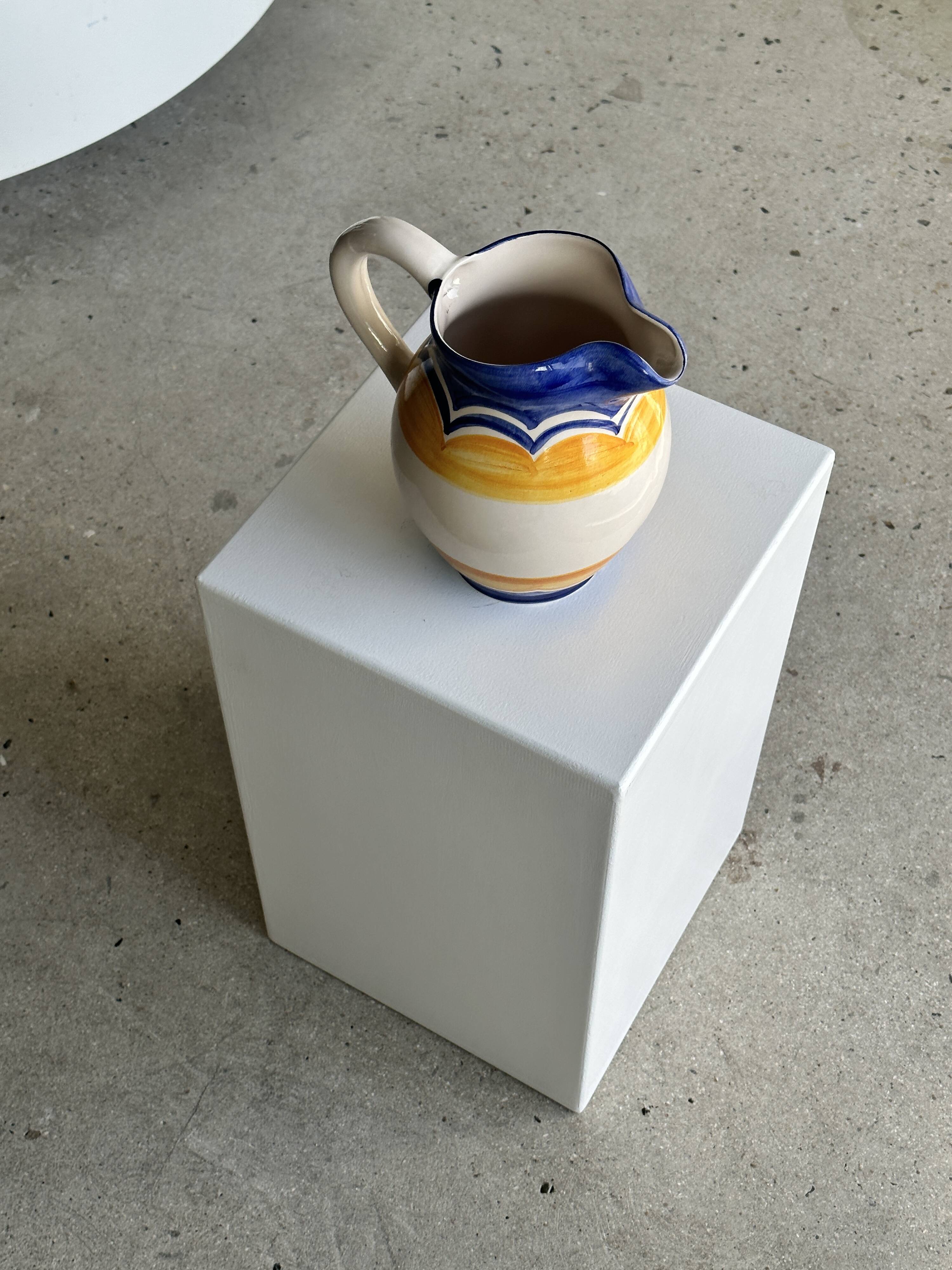 Large blue and yellow hand painted carafe H:20cm