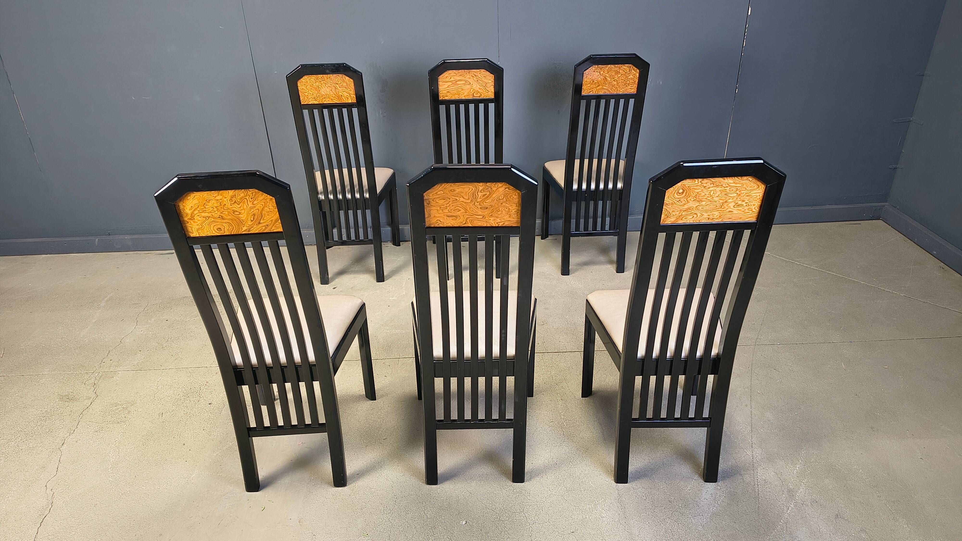 Vintage burl wood and lacquer dining chairs, 1980s