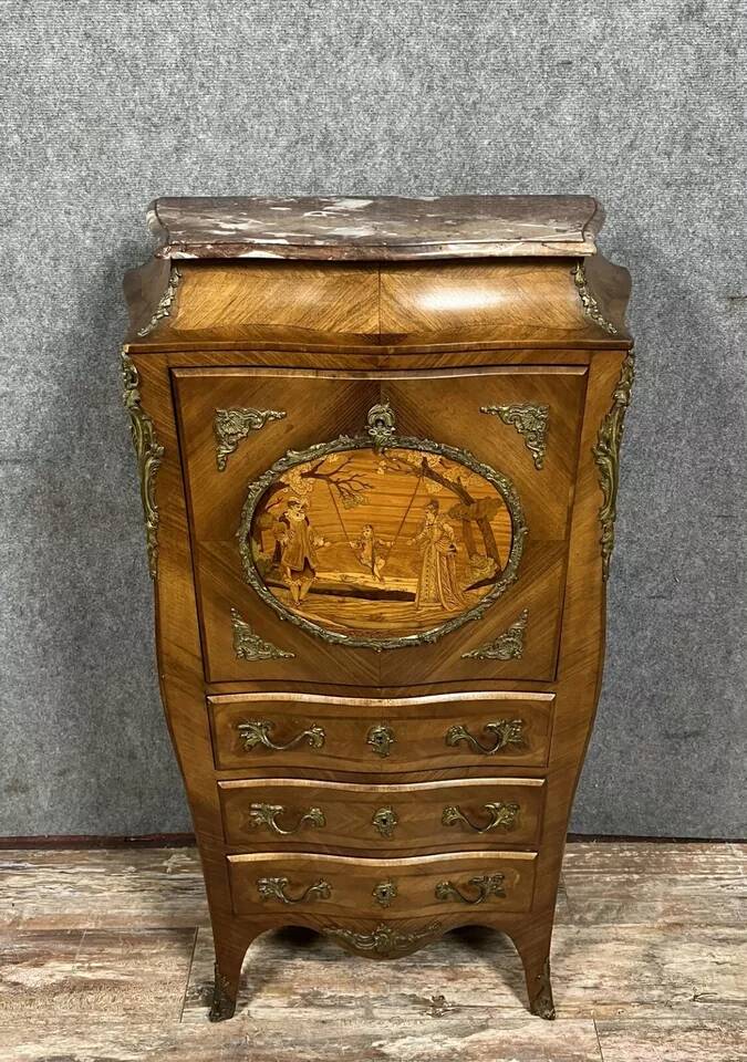 Fully curved Louis XV style secretary in precious wood marquetry circa 1850