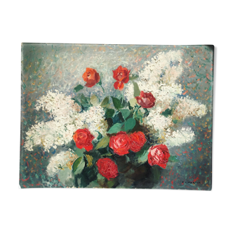 Ancient still life by F.J. MARTIN (19th-Xth). Bouquet of roses and licas. Oil on signed panel. Still life with flowers. Decoration. Art. Table