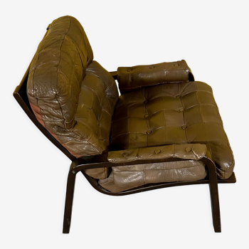 Danish vintage bentwood brown leather armchair 1970s