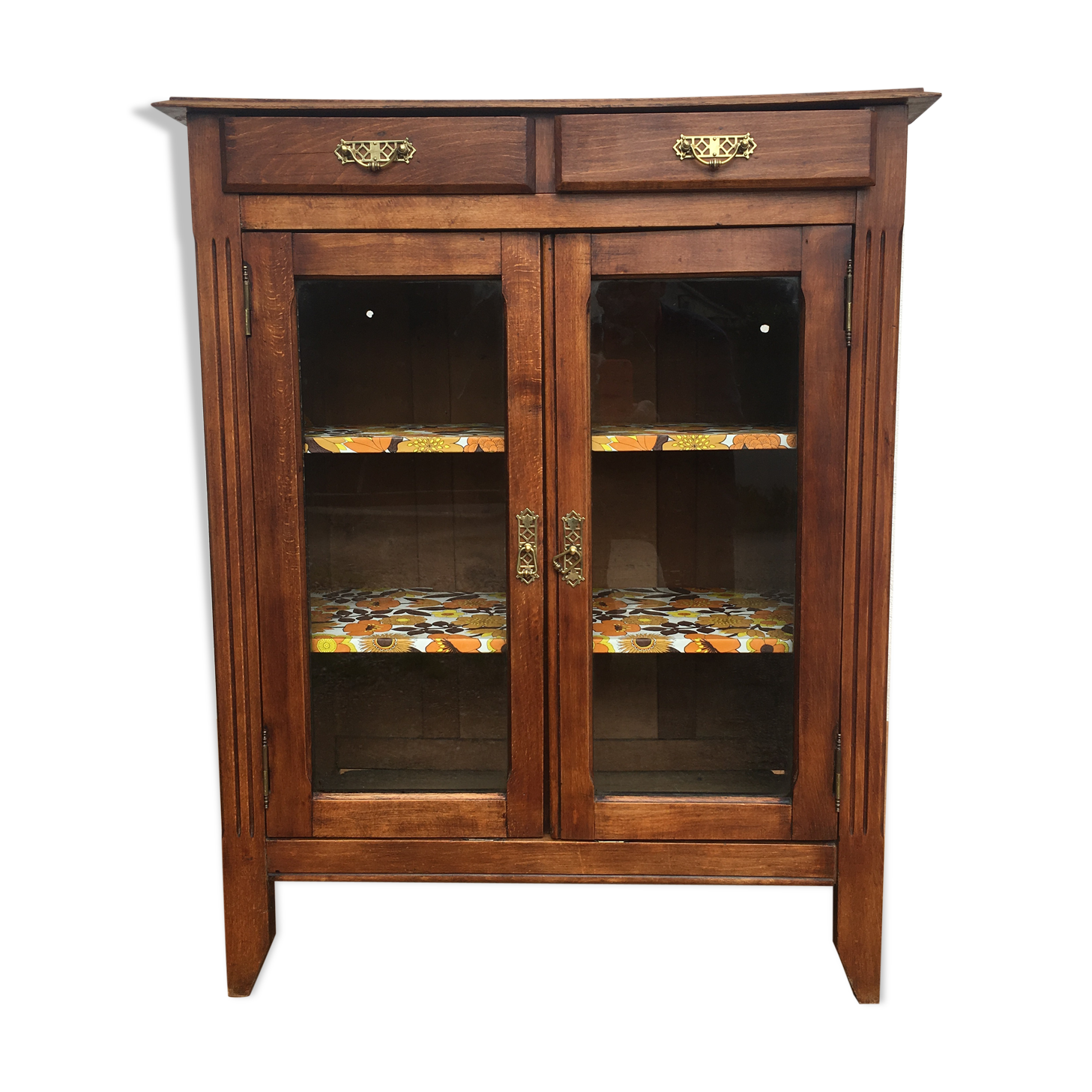 Parisian buffet in waxed wood, 2 glass doors, 2 drawers