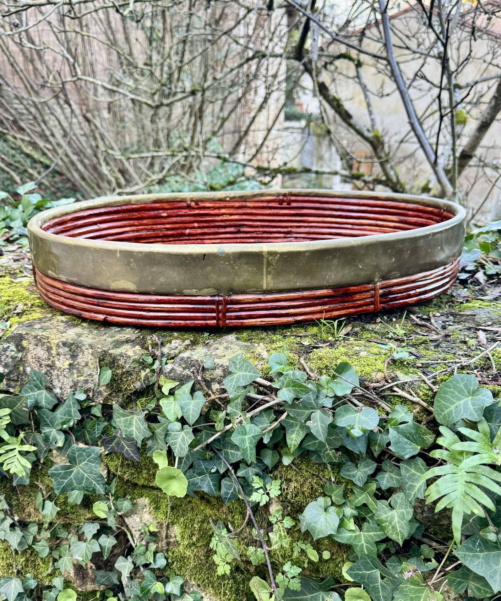 Large rattan and brass plateau by Gabriella Crespi, Italy, 1960s.