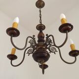 French Vintage 5 Light Mid Century Chandelier in Wood, Bronze and Metal 5525