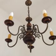 French Vintage 5 Light Mid Century Chandelier in Wood, Bronze and Metal 5525